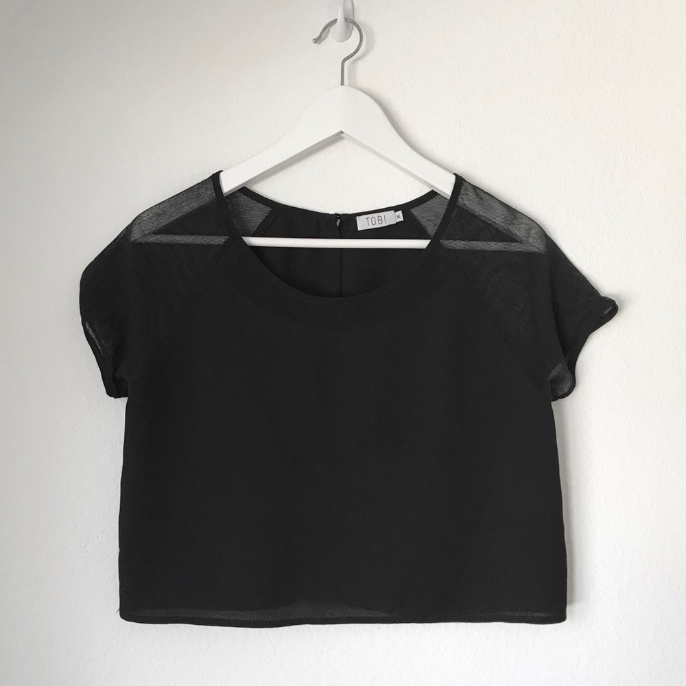 Tobi Basic Black Mesh Crop Top M